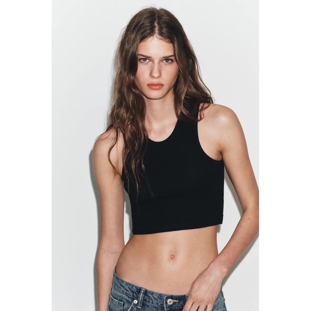 Zara Womens Black Knit Notched Neck Crop Top Sleeveless Raw‎ Edge Size Small
